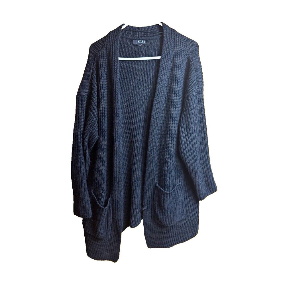 ana Women’s 1X Black Solid Knit Open Front Cardigan Sweater w/ Pockets